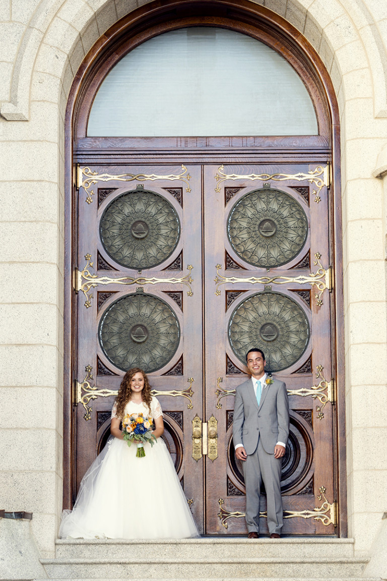 LDS Temple Weddings SLC doors bouquet suit