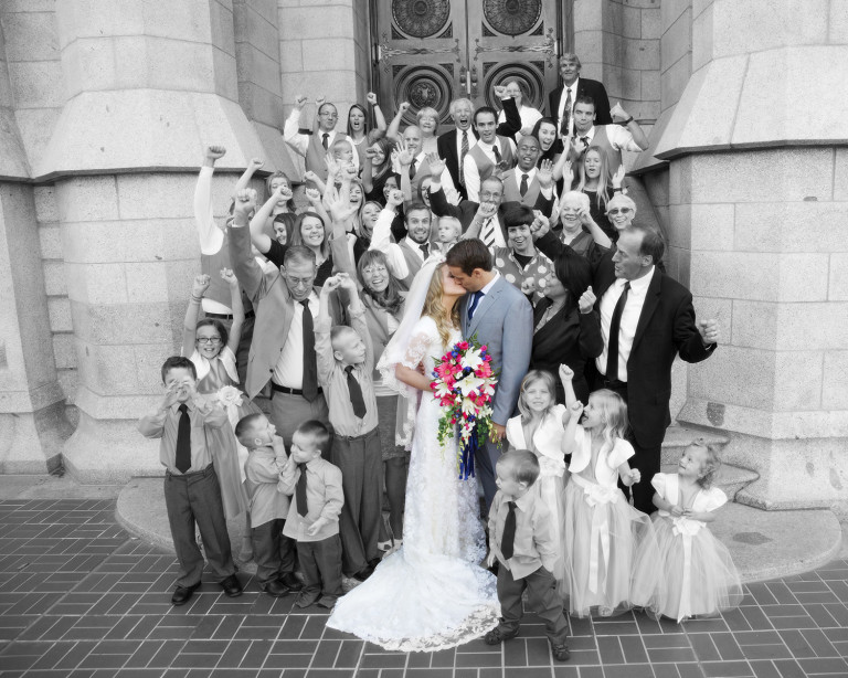 LDS Temple Weddings B&W color kiss SLC