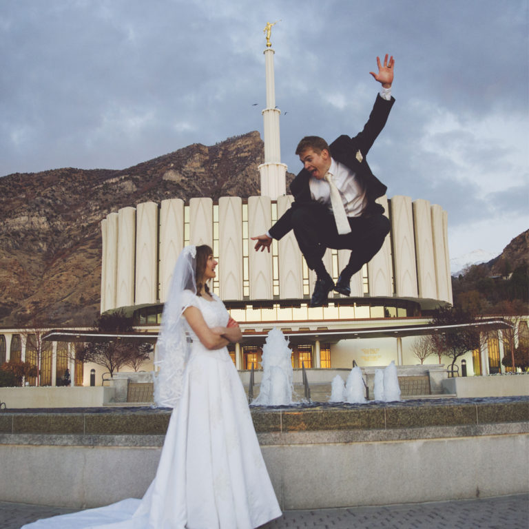 Groom jumping for joy at Provo Temple