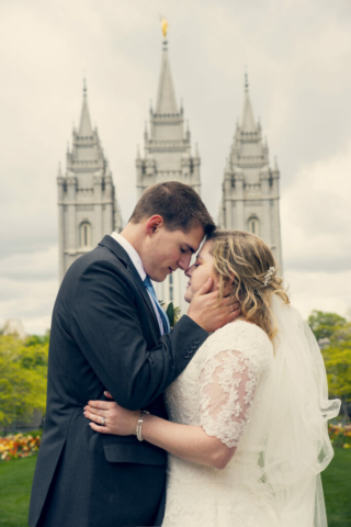 Bride and Groom embracing at Slat Lake City Temple
