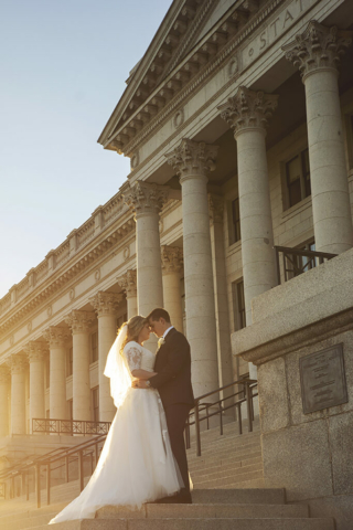 Bride and Groom at Sunset at Salt Lake City Capitol Building